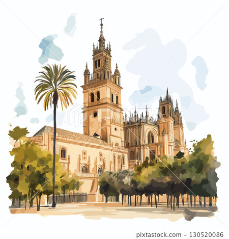 Seville Cathedral and La Giralda. Seville Cathedral and La Giralda watercolor vector illustration 130520086
