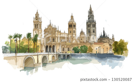 Seville Cathedral and La Giralda. Seville Cathedral and La Giralda watercolor vector illustration 130520087