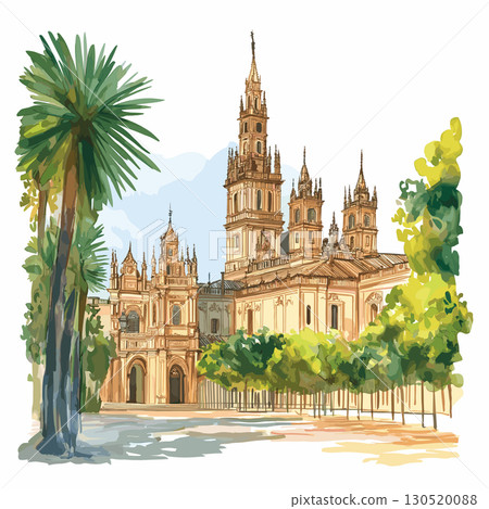 Seville Cathedral and La Giralda. Seville Cathedral and La Giralda watercolor vector illustration 130520088