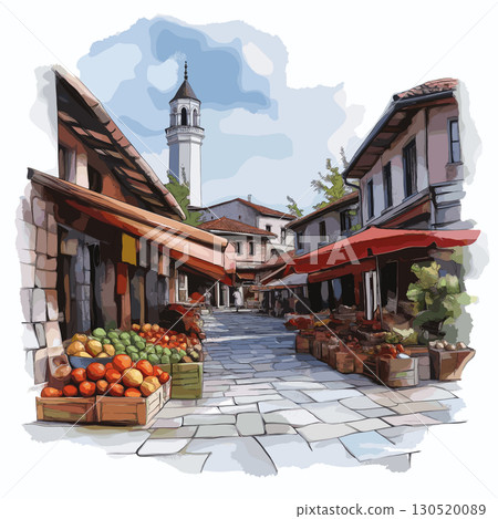 Skopje Old Bazaar. Skopje Old Bazaar watercolor vector illustration 130520089