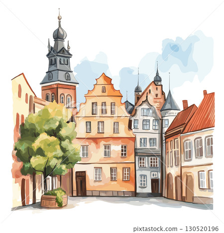 Riga Old Town. Riga Old Town watercolor vector illustration 130520196