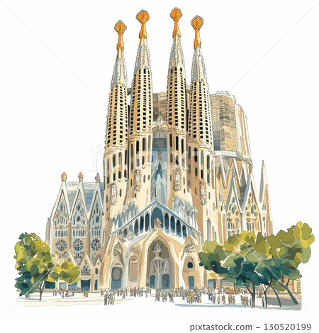 Sagrada Familia. Sagrada Familia watercolor vector illustration Sagrada Familia. Sagrada Familia watercolor vector illustration 130520199