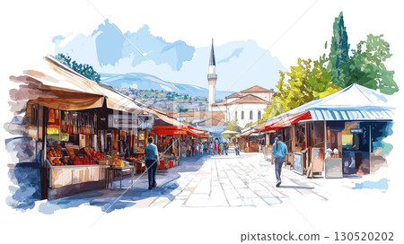 Sarajevo Old Bazaar. Sarajevo Old Bazaar watercolor vector illustration 130520202