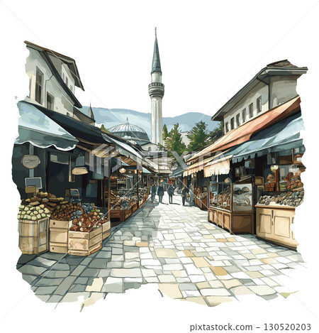 Sarajevo Old Bazaar. Sarajevo Old Bazaar watercolor vector illustration 130520203