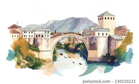 Stari Most. Stari Most watercolor vector illustration Stari Most. Stari Most watercolor vector illustration 130520225