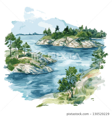 Stockholm Archipelago. Stockholm Archipelago watercolor vector illustration 130520229