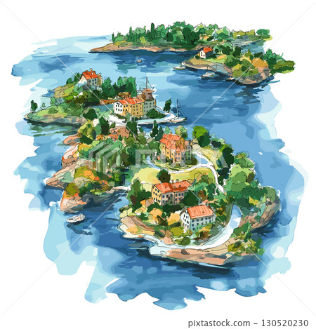 Stockholm Archipelago. Stockholm Archipelago watercolor vector illustration 130520230