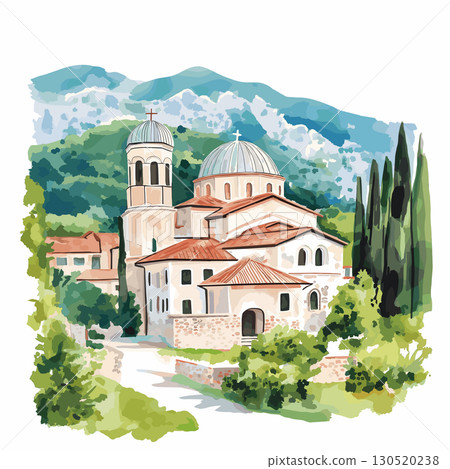 Studenica Monastery. Studenica Monastery watercolor vector illustration 130520238