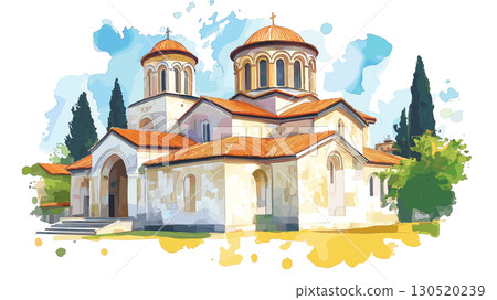 Studenica Monastery. Studenica Monastery watercolor vector illustration 130520239
