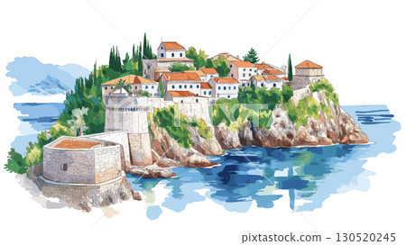 Sveti Stefan. Sveti Stefan watercolor vector illustration Sveti Stefan. Sveti Stefan watercolor vector illustration 130520245
