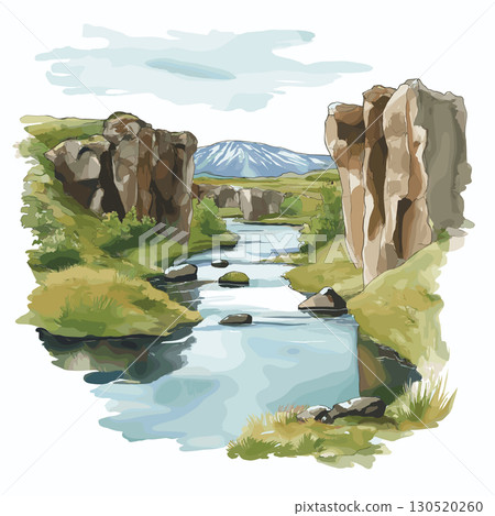 Thingvellir National Park. Thingvellir National Park watercolor vector illustration 130520260