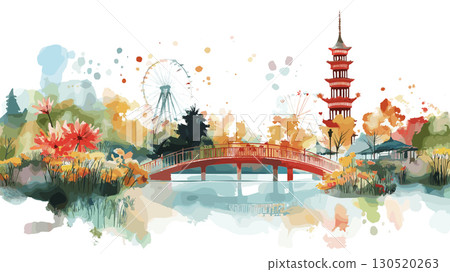 Tivoli Gardens. Tivoli Gardens watercolor vector illustration 130520263