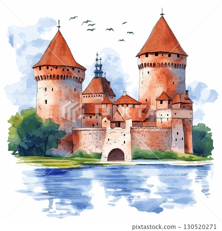 Trakai Island Castle. Trakai Island Castle watercolor vector illustration Trakai Island Castle. Trakai Island Castle watercolor vector illustration 130520271