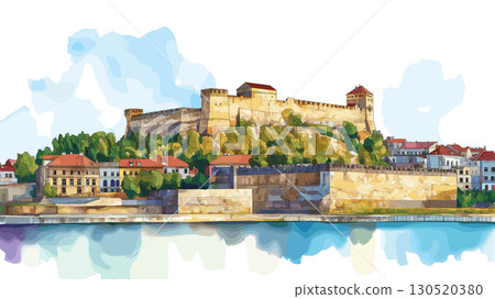 Petrovaradin Fortress. Petrovaradin Fortress watercolor vector illustration 130520380