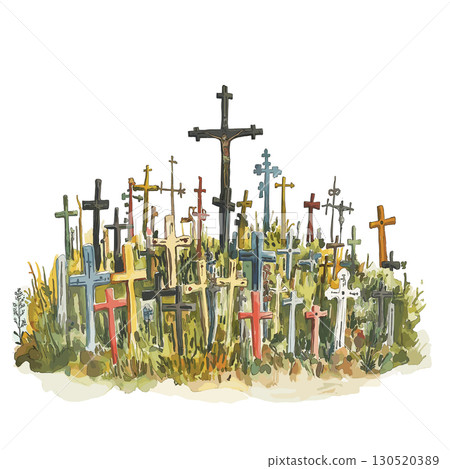 Hill of Crosses. Hill of Crosses watercolor vector illustration Hill of Crosses. Hill of Crosses watercolor vector illustration 130520389