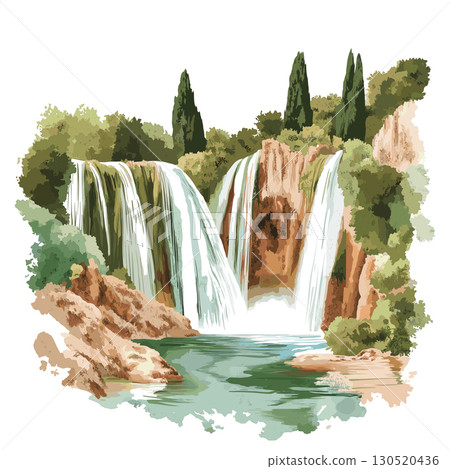 Kravica Waterfalls. Kravica Waterfalls watercolor vector illustration Kravica Waterfalls. Kravica Waterfalls watercolor vector illustration 130520436