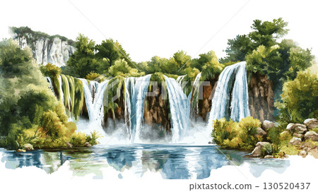 Kravica Waterfalls. Kravica Waterfalls watercolor vector illustration 130520437