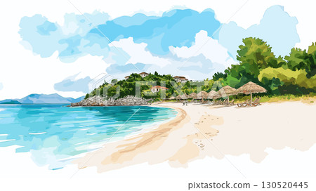 Ksamil Beach. Ksamil Beach watercolor vector illustration 130520445