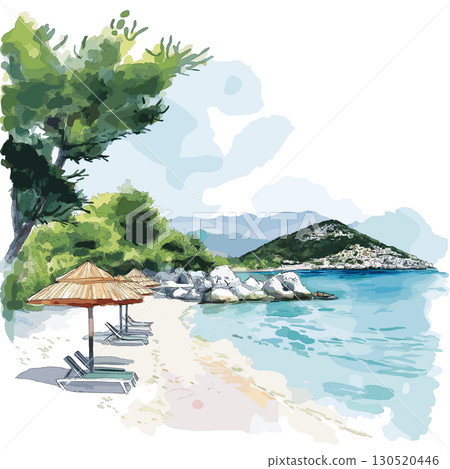 Ksamil Beach. Ksamil Beach watercolor vector illustration Ksamil Beach. Ksamil Beach watercolor vector illustration 130520446