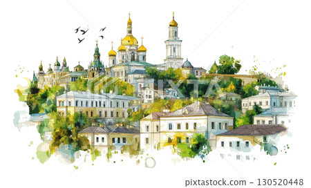 Kyiv Pechersk Lavra. Kyiv Pechersk Lavra watercolor vector illustration Kyiv Pechersk Lavra. Kyiv Pechersk Lavra watercolor vector illustration 130520448