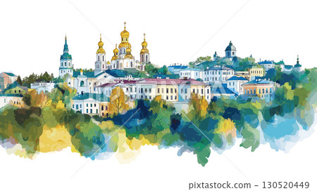 Kyiv Pechersk Lavra. Kyiv Pechersk Lavra watercolor vector illustration 130520449