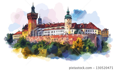 Wawel Castle. Wawel Castle watercolor vector illustration Wawel Castle. Wawel Castle watercolor vector illustration 130520471