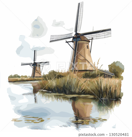Windmills of Kinderdijk. Windmills of Kinderdijk watercolor vector illustration 130520481