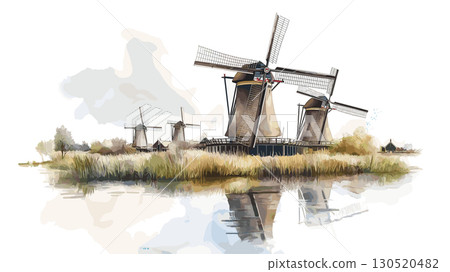 Windmills of Kinderdijk. Windmills of Kinderdijk watercolor vector illustration Windmills of Kinderdijk. Windmills of Kinderdijk watercolor vector illustration 130520482