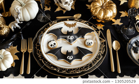 Black and gold Halloween table setting 130520529