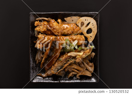 pacific saury and Maitake mushrooms with sweet and spicy plum sauce pacific saury and Maitake mushrooms with sweet and spicy plum sauce 130520532