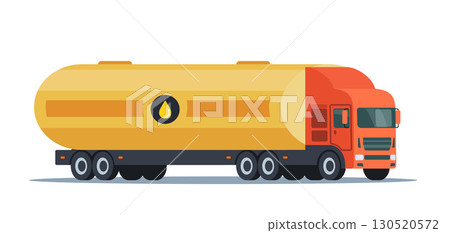 Tanker truck, isolated on white. Transporting liquids such as fuel, water, or chemicals with a large cylindrical tank and a sturdy chassis for secure delivery. Vector. 130520572