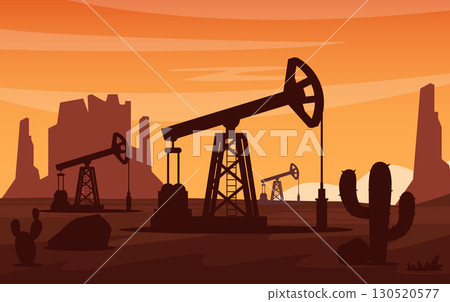 Oil extraction rig In the Texas desert background. Oil pumpjack icon. Crude derrick oilfield industry. Vector illustration. 130520577