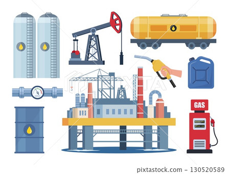 Oil refining industry icon set. Oil refinery plant, oil barrels, pipeline, tanker truck and ship, gas station. Vector collection Oil refining industry icon set. Oil refinery plant, oil barrels, pipeline, tanker truck and ship, gas station. Vector collection 130520589