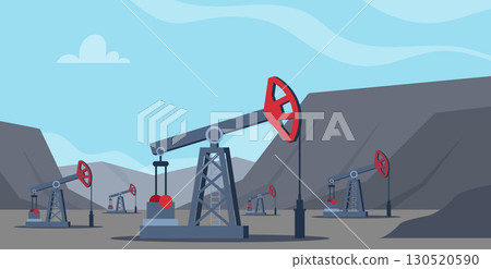 Oil extraction rig on a mountainous landscape. Oil pumpjack icon. Crude derrick oilfield industry. Vector illustration. Oil extraction rig on a mountainous landscape. Oil pumpjack icon. Crude derrick oilfield industry. Vector illustration. 130520590