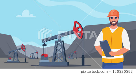 Oil extraction rig on a mountainous landscape. Engineer worker on foreground. Oil pumpjack icon. Crude derrick oilfield industry. Vector illustration. 130520592