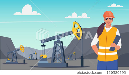 Oil extraction rig on a mountainous landscape. Engineer worker on foreground. Oil pumpjack icon. Crude derrick oilfield industry. Vector illustration. 130520593
