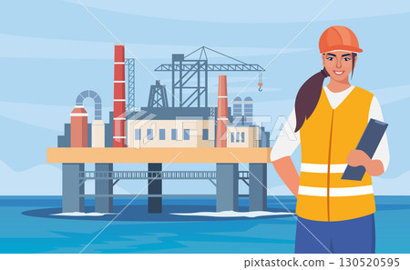Oil platform at sea. Modern Offshore Oil Rig Drilling. Engineer worker on foreground. Oil industry, processing petrol. Vector illustration. 130520595