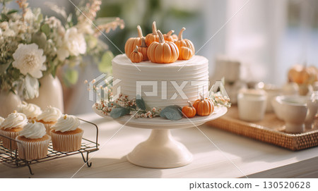A white buttercream cake with a mini pumpkin 130520628
