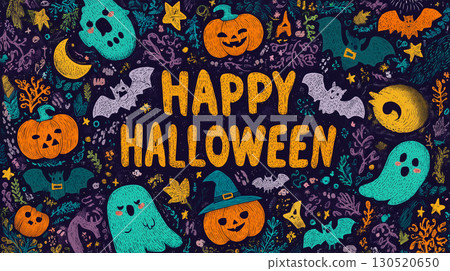 Jack-o'-lanterns and ghosts decorate festive characters 130520650