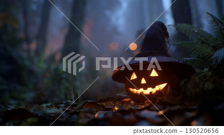 A witch hat lantern standing in the forest at night 130520656