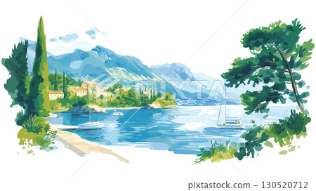 Lake Geneva. Lake Geneva watercolor vector illustration Lake Geneva. Lake Geneva watercolor vector illustration 130520712