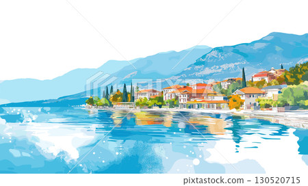 Lake Ohrid. Lake Ohrid watercolor vector illustration 130520715