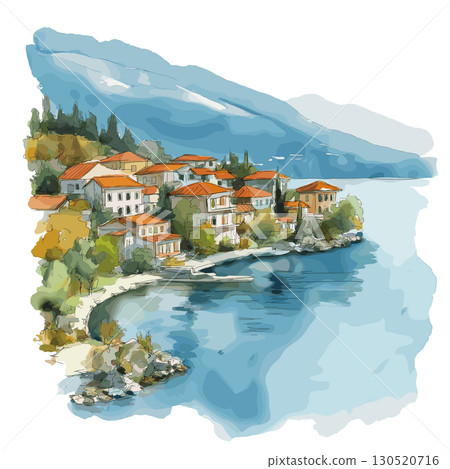 Lake Ohrid. Lake Ohrid watercolor vector illustration 130520716