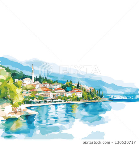 Lake Ohrid. Lake Ohrid watercolor vector illustration 130520717