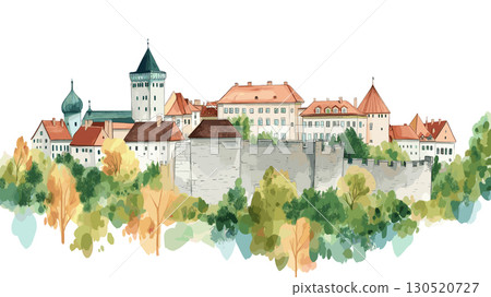 Ljubljana Castle. Ljubljana Castle watercolor vector illustration 130520727