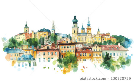 Lviv Old Town. Lviv Old Town watercolor vector illustration 130520739