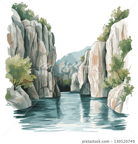 Matka Canyon. Matka Canyon watercolor vector illustration 130520749