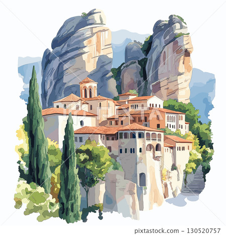 Meteora Monasteries. Meteora Monasteries watercolor vector illustration Meteora Monasteries. Meteora Monasteries watercolor vector illustration 130520757