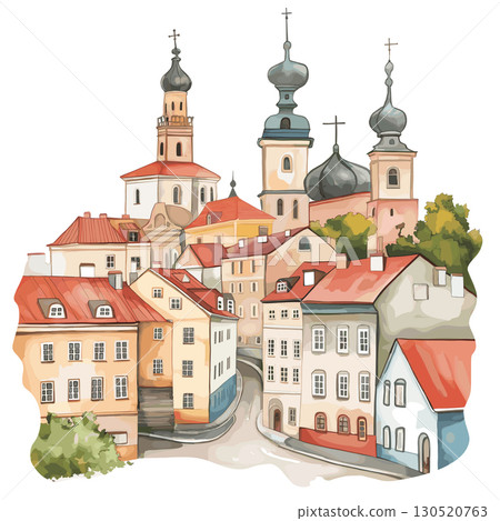 Minsk Old Town. Minsk Old Town watercolor vector illustration 130520763