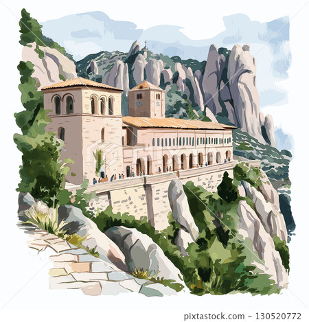Montserrat Monastery. Montserrat Monastery watercolor vector illustration 130520772